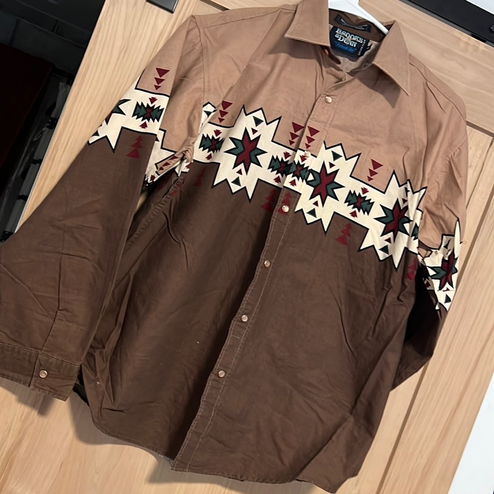 Western brown Aztec shirt, I think it’s kids XL but fit like M women